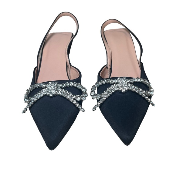 NWT Black Kitten Sling Back Heel With Rhinestone Bow On Toe Size EUR 38 US 7.5 - Picture 2 of 10